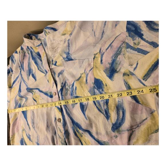 Cupio Linen Blend Button Down Top Roll Tab Sleeve V-Neck Abstract Blouse 2X - Picture 10 of 11